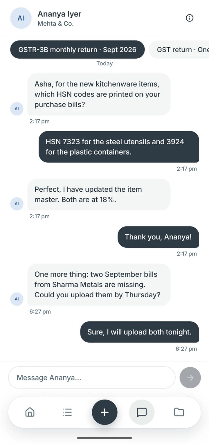 A conversation in the client app about the September GSTR-3B: Ananya from the practice asks which HSN codes are on the purchase bills, the client answers, and agrees to upload two missing bills tonight.