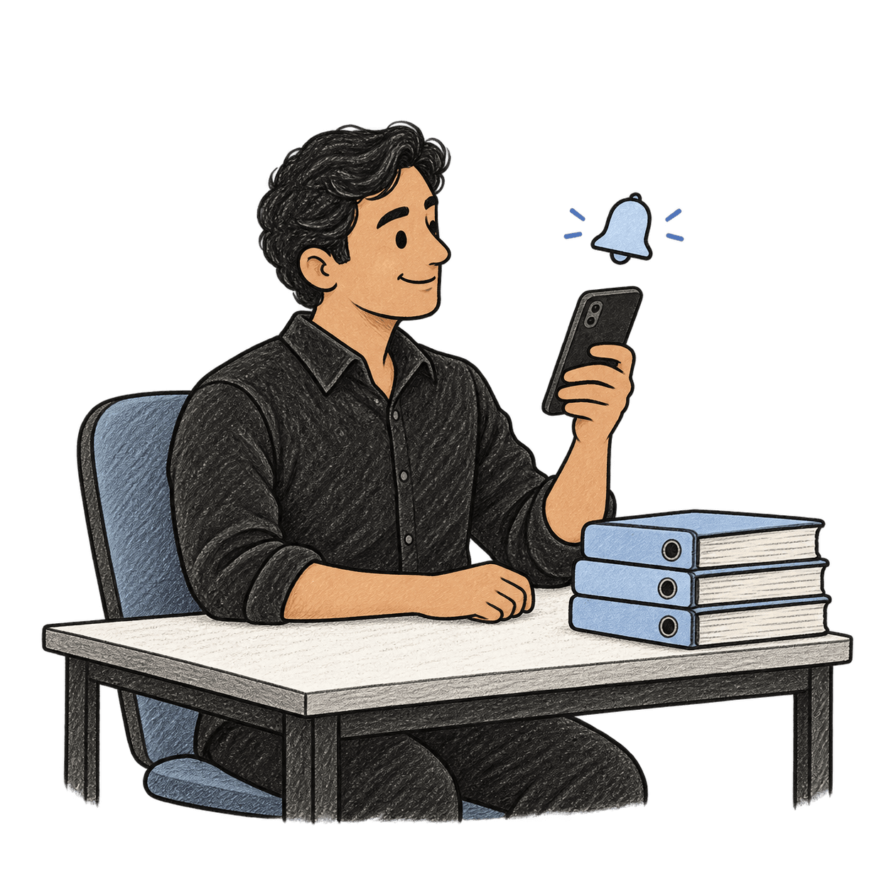 Illustration of a client at a desk checking a phone, with a notification bell above it and business folders stacked beside them