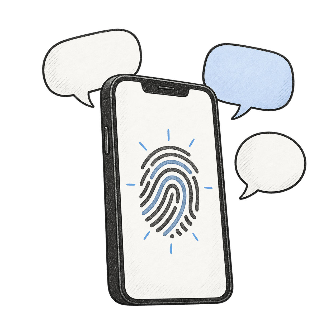Illustration of a phone showing a fingerprint, with three empty speech bubbles around it