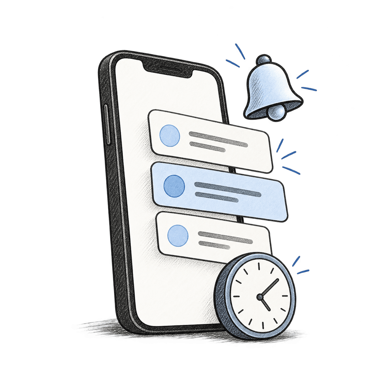 Illustration of a phone with notification slips stacked over its screen, a bell and a small desk clock