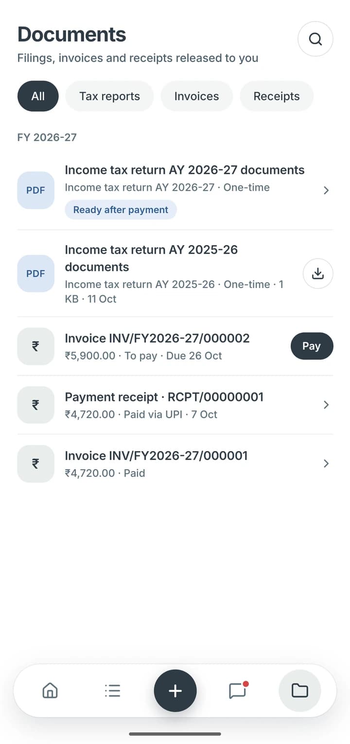 The client app's Documents tab: income tax return documents for AY 2026-27, ready after payment, documents for AY 2025-26 to download, two invoices and a payment receipt.