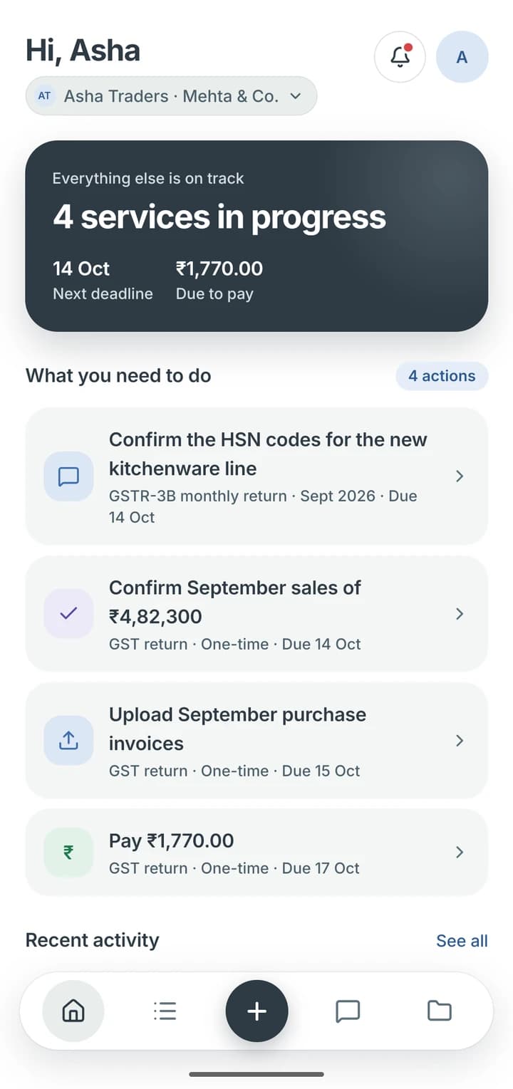 The client app's home screen for Asha Traders: four services in progress, the next deadline on 14 October and ₹1,770 due, above four things to do: answer a question about HSN codes, confirm September sales, upload purchase invoices and pay an invoice.