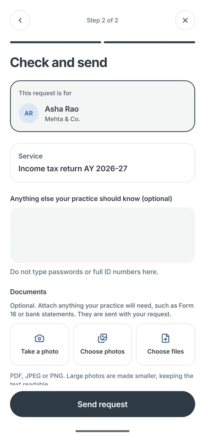The last step of a service request in the client app: the request is for Asha Rao with Mehta & Co., the service is the income tax return for AY 2026-27, with an optional note and buttons to take a photo, choose photos or choose files.