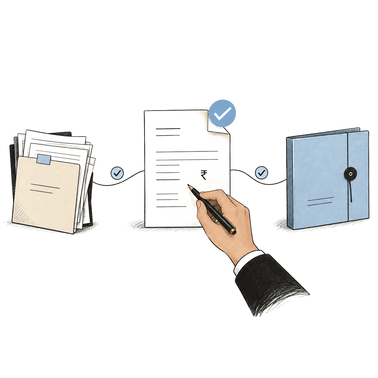 Illustration of reviewed papers flowing into a signed invoice with a payment confirmation, then into a closed deliverable folder