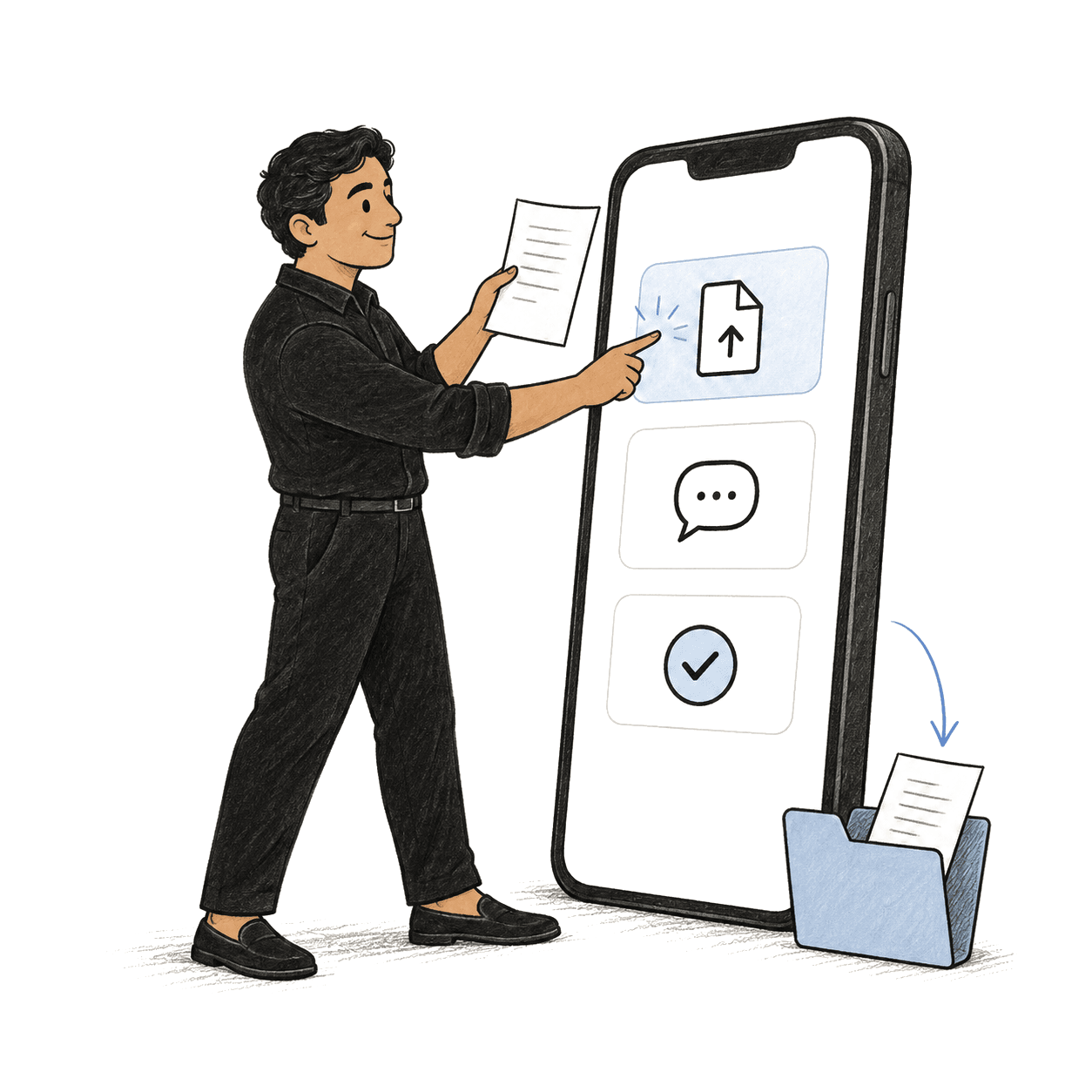Illustration of a client holding a document and tapping an upload action on a large phone; reply and approve actions sit below, and a released document drops into a folder