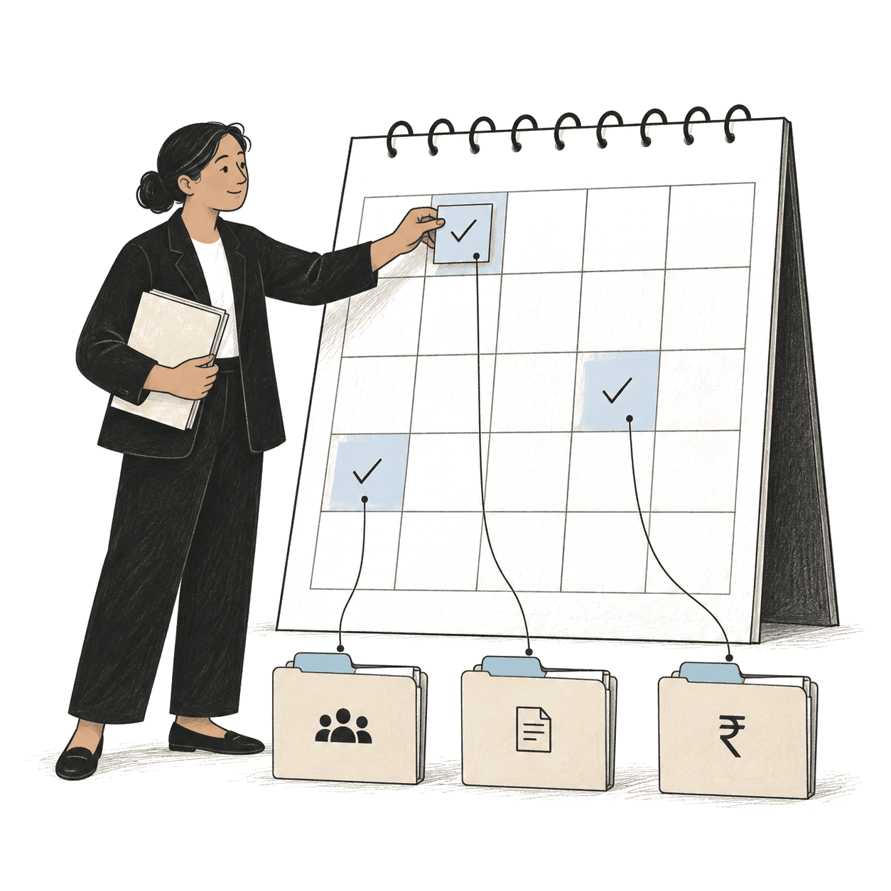 Illustration of a practice manager marking dates on a large calendar, each linked to a client folder for people, documents and payments