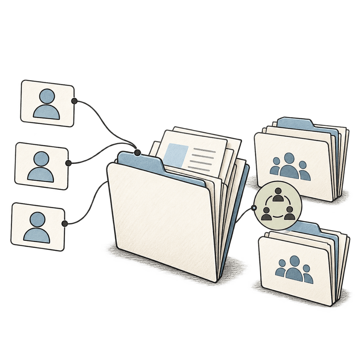 Contact cards connected to client folders and a referral symbol.