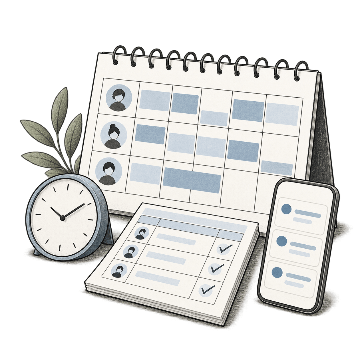 A team planner, clock, timesheet and mobile work queue.